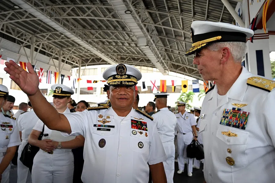 Vice-Admiral Karl Thomas, Commander of the US 7th Fleet (right) and Vice-Admiral Toribio Adaci Jr, Flag Officer in Command of Philippine Navy Exercise Scheduling SAMASAMA 2023, talks during the opening ceremony of Exercise SAMASAMA 2023, the annual bilateral navy-to-navy exercise between the Philippines and US at Philippine Navy Headquarters in Manila, the Philippines, on 2 October 2023. (Jam Sta Rosa/AFP)