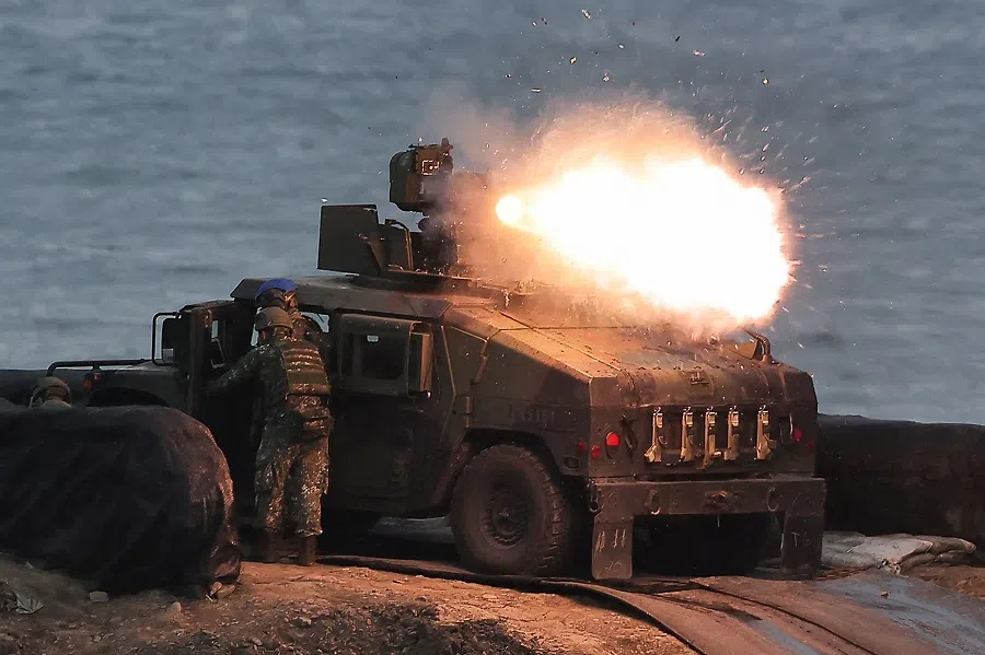 A US-made TOW-2A wire-guided anti-tank missile, launched by Taiwanese soldiers from a M1167 TOW carrier vehicle at the Fangshan training grounds in Pingtung, Taiwan on 26 August 2024.