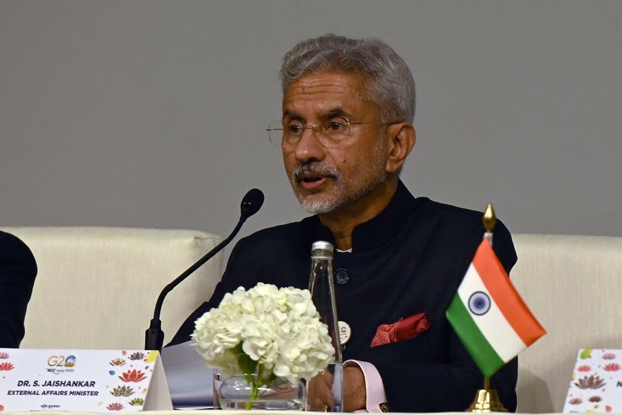 Subrahmanyam Jaishankar, India's foreign minister, during a news conference at the G20 Leaders Summit in New Delhi, India, on 9 September 2023. G20 leaders agreed on a joint statement after resolving final differences over references to Russia's invasion of Ukraine and US plans to host the annual summit in 2026. (Prakash Singh/Bloomberg)