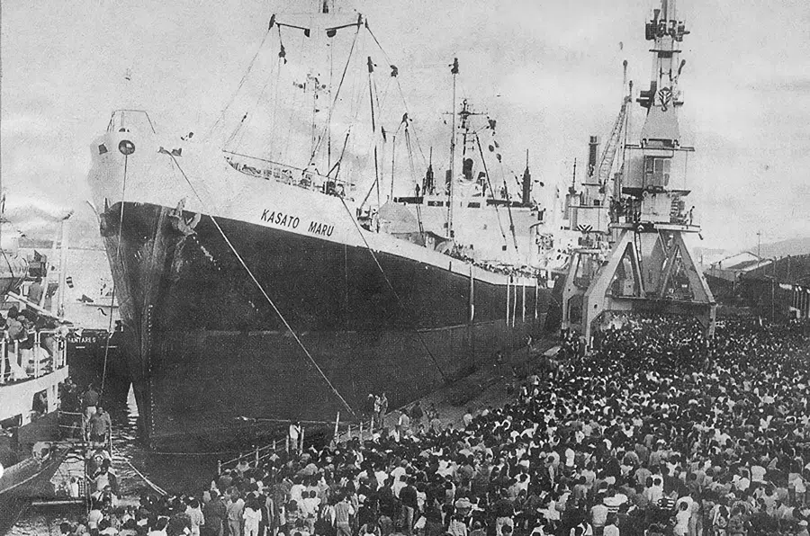 Kasato Maru, the ship that brought the first Japanese immigrants to Brazil, docked at warehouse 14 in the Port of Santos in 1908.
