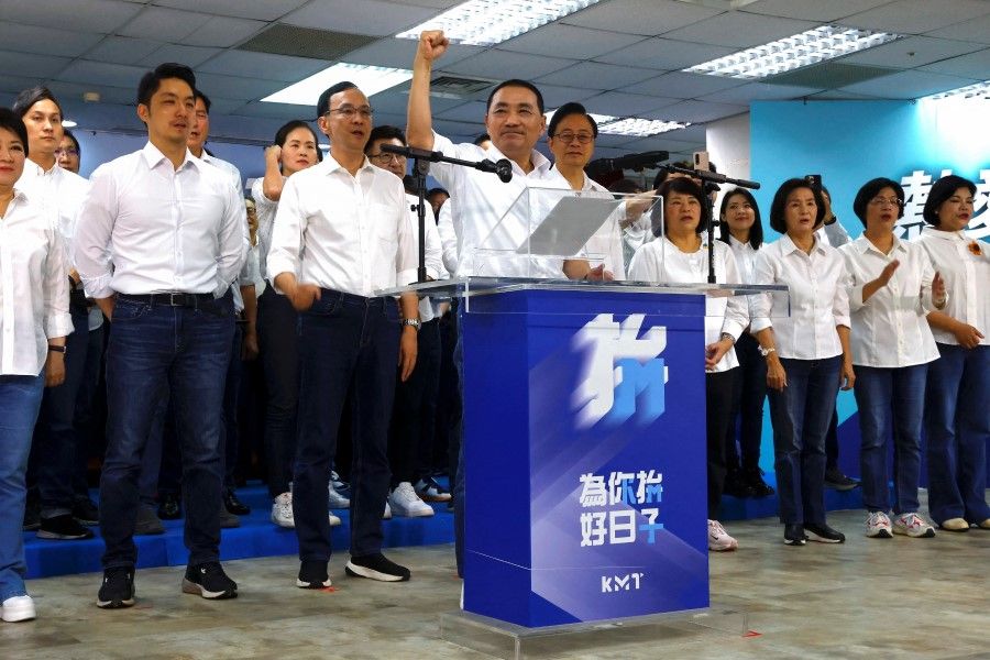 Mayor of New Taipei, Hou You-yi, gestures at an event to kick off the presidential campaigns as the candidate for Taiwan's main opposition party Kuomintang (KMT), at their headquarters in Taipei, Taiwan, on 20 May 2023. (Ann Wang/Reuters)