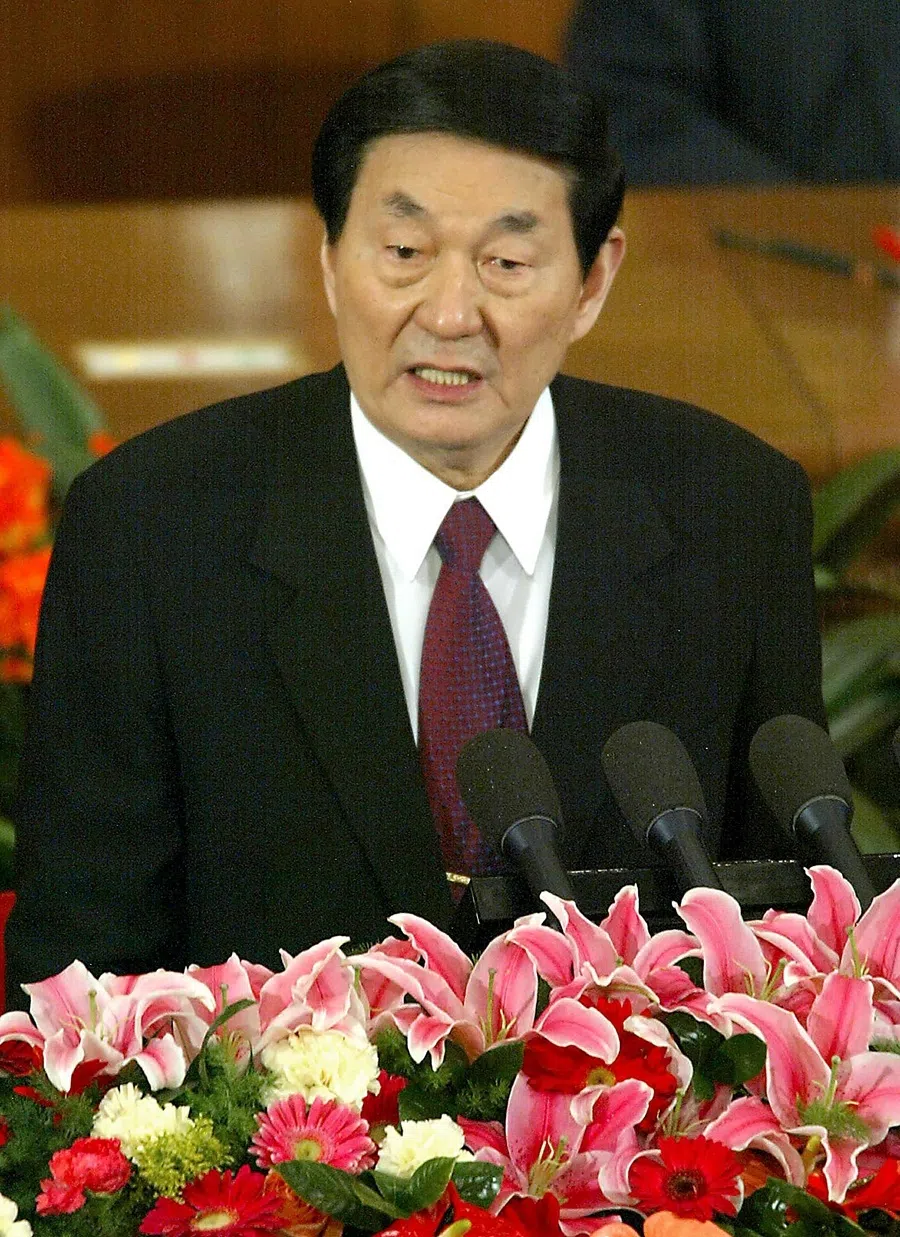Then Chinese Premier Zhu Rongji delivers his final work report at the opening session of the National People's Congress, in the Great Hall of the People in Beijing on 5 March 2003.