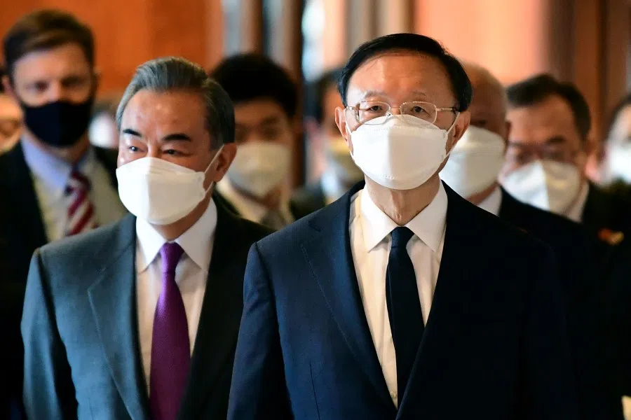 Politburo member and Director of the Office of the Central Commission for Foreign Affairs Yang Jiechi (right) and State Councilor and Foreign Minister Wang Yi (left) arrive for a meeting with US counterparts at the opening session of US-China talks at the Captain Cook Hotel in Anchorage, Alaska on 18 March 2021. (Frederic J. Brown/AFP)