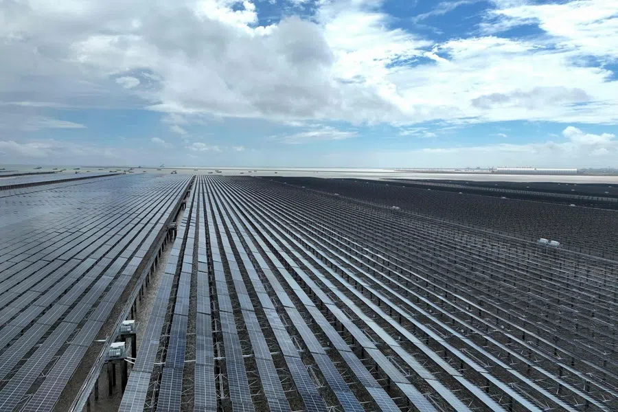 This picture taken on 23 August 2026 shows the construction site of the CNNC Tianwan 2-million-kilowatt tidal flat photovoltaic demonstration project in Lianyungang, in eastern China’s Jiangsu province.