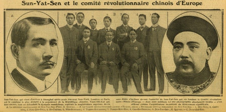 On 29 December 1911, French illustrated daily newspaper Excelsior ran a report on Sun Yat-sen's revolutionary efforts. It notes Sun's arrival in Shanghai after passing through New York, London, and Paris, and that he is the favourite to be president of the Republic of China. The report adds that Sun founded the Chinese revolutionary committee in Europe, which makes him the undisputed leader of the Republican movement, and that Yuan Shikai - despite wanting to be the supreme leader even as he defends the Manchu dynasty - will no doubt give way to Sun's authority. The main photo shows Sun with his revolutionary colleagues in Europe. (Inset, right: Yuan Shikai; left: Sun Yat-sen)