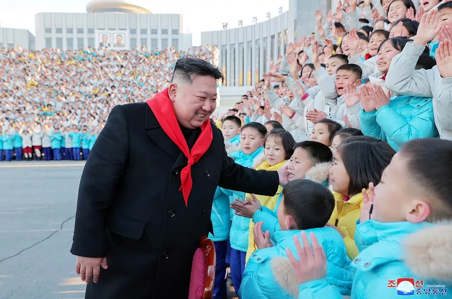 North Korean leader Kim Jong-un meets representatives of the Korean Children's Union under North Korea's ruling Workers' Party in Pyongyang, North Korea, in this photo released on 1 January 2023 by North Korea's Korean Central News Agency (KCNA). (KCNA via Reuters)