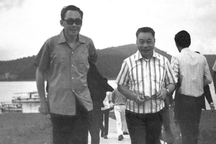 Lee Kuan Yew (left) visiting Sun Moon Lake, Taiwan, with Taiwan President Chiang Ching-kuo, May 1973. (SPH Media)