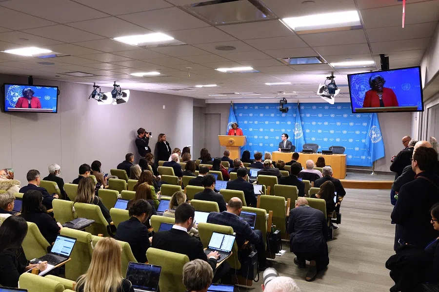Ambassador Linda Thomas-Greenfield, representative of the US to the UN and president of the UN Security Council for the month of December, speaks during a press conference at the United Nations headquarters on 2 December 2024 in New York City. (Michael M. Santiago/Getty Images/AFP)