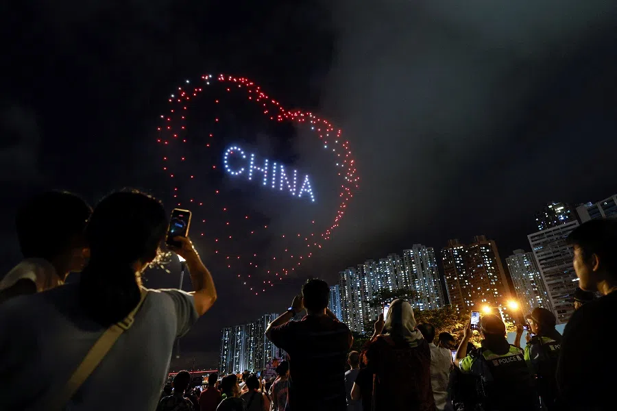 Drones create a heart-shaped display in the sky during a drone show marking the 27th anniversary of the former British colony’s handover to Chinese rule in Hong Kong, China, on 1 July 2024. (Tyrone Siu/Reuters)