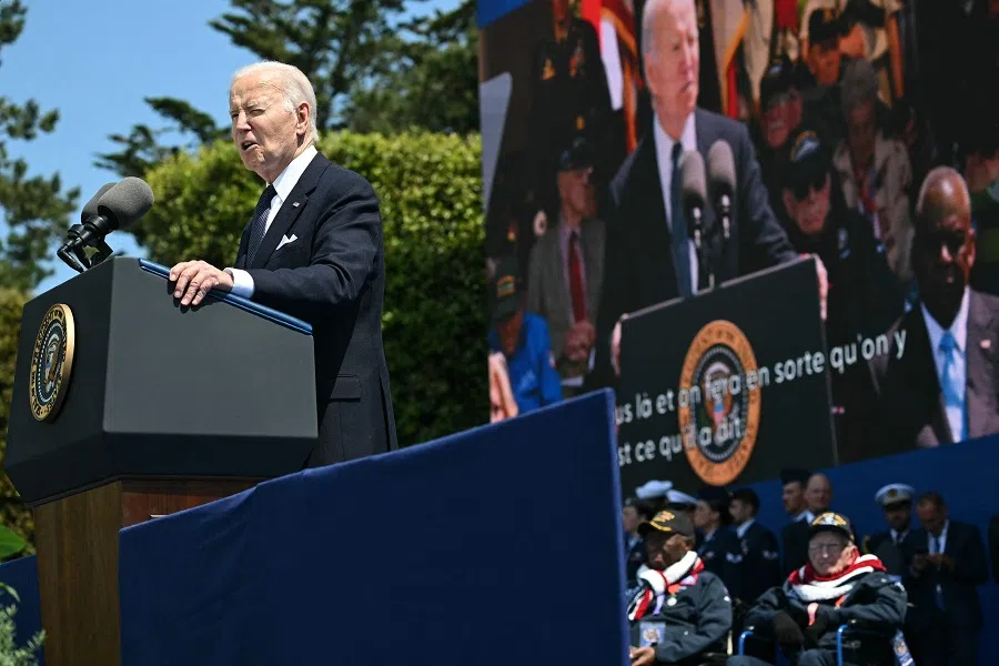 US President Joe Biden delivers a speech during the US ceremony marking the 80th anniversary of the World War II “D-Day” Allied landings in Normandy, at the Normandy American Cemetery and Memorial in Colleville-sur-Mer, which overlooks Omaha Beach in northwestern France on 6 June 2024. (Saul Loeb/AFP)