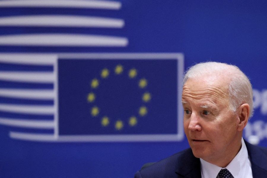 US President Joe Biden attends a European Union leaders summit amid Russia's invasion of Ukraine, in Brussels, Belgium, 24 March 2022. (Evelyn Hockstein/Reuters)