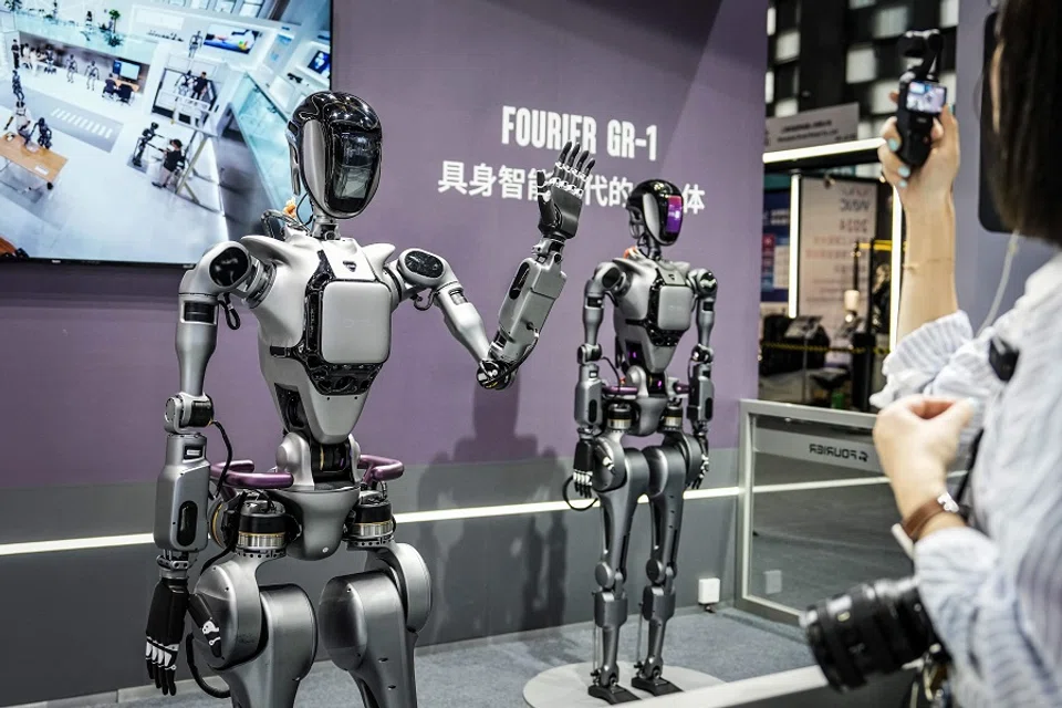 Fourier’s GR-1 humanoid robots are displayed during the World Artificial Intelligence Conference in Shanghai, on 4 July 2024.  (AFP)