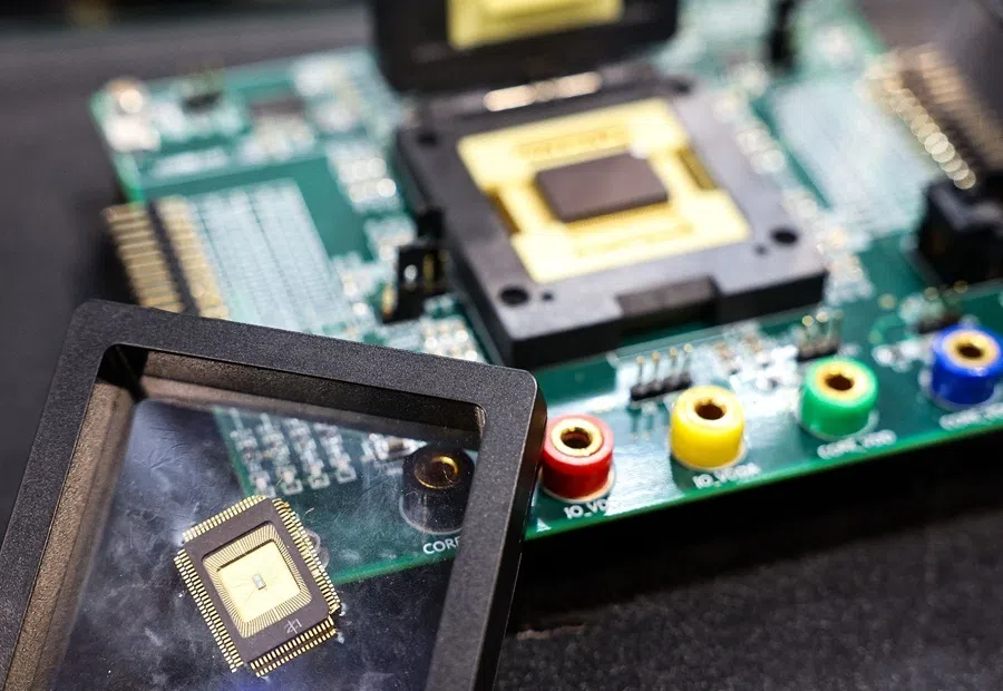 A sample of a semiconductor chip made by Taiwan Semiconductor Manufacturing Company (TSMC) is displayed at the Cybersec 2025 conference and expo in Taipei on 15 April 2025.