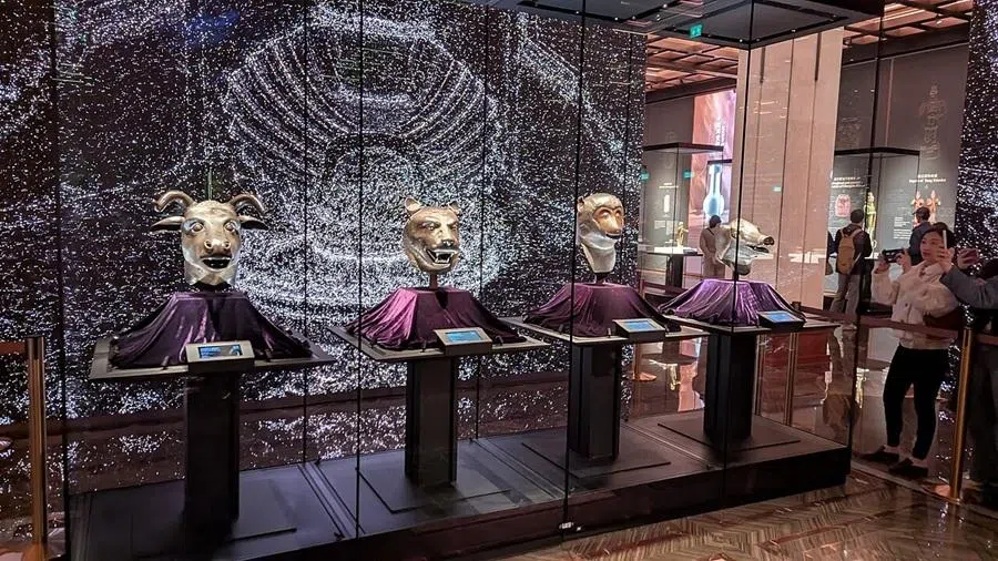 Four of the original 12 Bronze Zodiac Heads from Beijing’s Old Summer Palace displayed at the Poly MGM Museum, MGM Macau, on 24 December 2024.