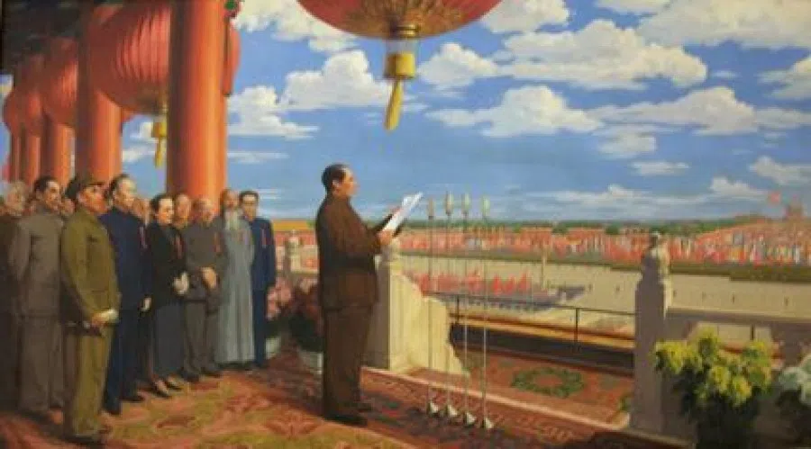 The Founding Ceremony of the Nation (开国大典) is a 1953 oil painting by Chinese artist Dong Xiwen, showing the lanterns at Tiananmen Tower. (Wikimedia)