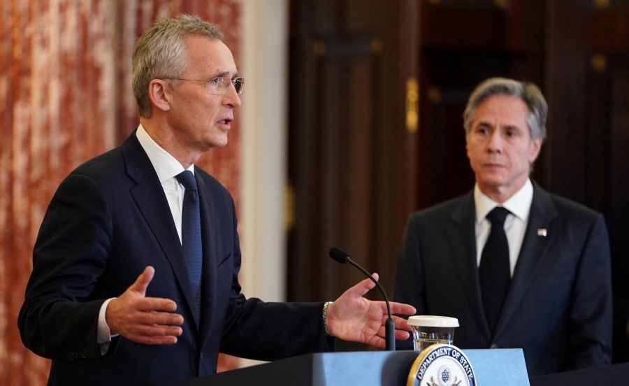 US Secretary of State Antony Blinken holds a joint news conference with NATO Secretary-General Jens Stoltenberg at the State Department in Washington, US, 8 February 2023. (Kevin Lamarque/Reuters)