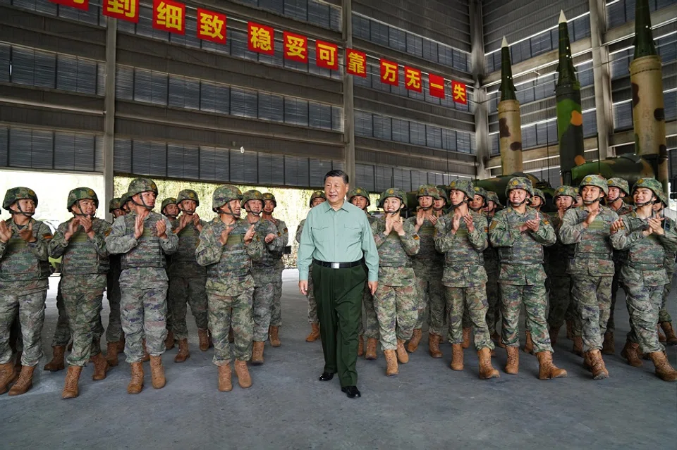 Chinese President Xi Jinping inspects a brigade of the People’s Liberation Army (PLA)’s Rocket Force in Anhui, China, on 17 October 2024. (Xinhua)