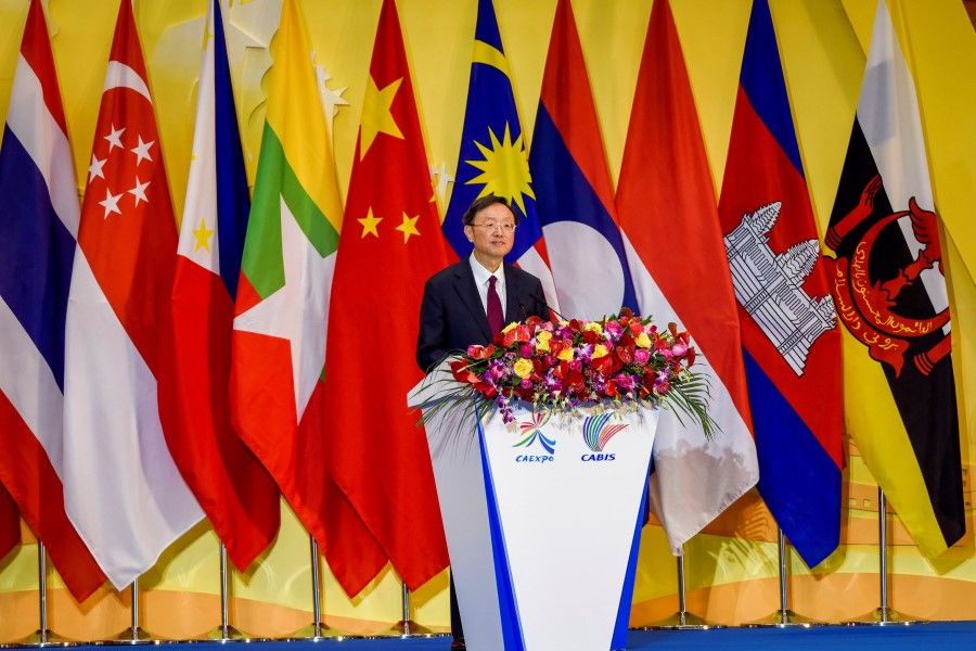 Director of the Central Foreign Affairs Commission Office Yang Jiechi speaks during the opening ceremony of the 17th China-ASEAN (Association of Southeast Asian Nations) Expo in Nanning, in southern China's Guangxi province on 27 November 2020. (Photo by STR/AFP)