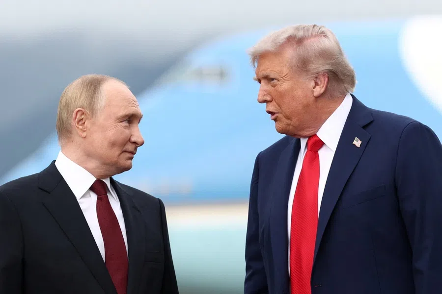 US President Donald Trump speaks with Russian President Vladimir Putin, as they meet to negotiate for an end to the war in Ukraine, at Joint Base Elmendorf-Richardson in Anchorage, Alaska, US, on 15 August 2025.