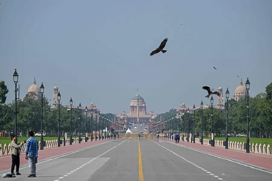 India's presidential palace, Rashtrapati Bhavan, is seen from the Kartavya Path in New Delhi on 9 October 2025. (Sajjad Hussain/AFP)