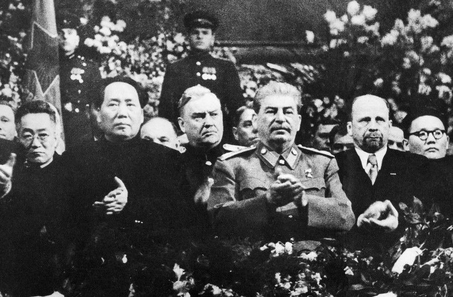 Mao Zedong (front row, left) with Josef Stalin beside him at a ceremony arranged for Stalin's 71st birthday in Moscow in December 1949. (Wikimedia)