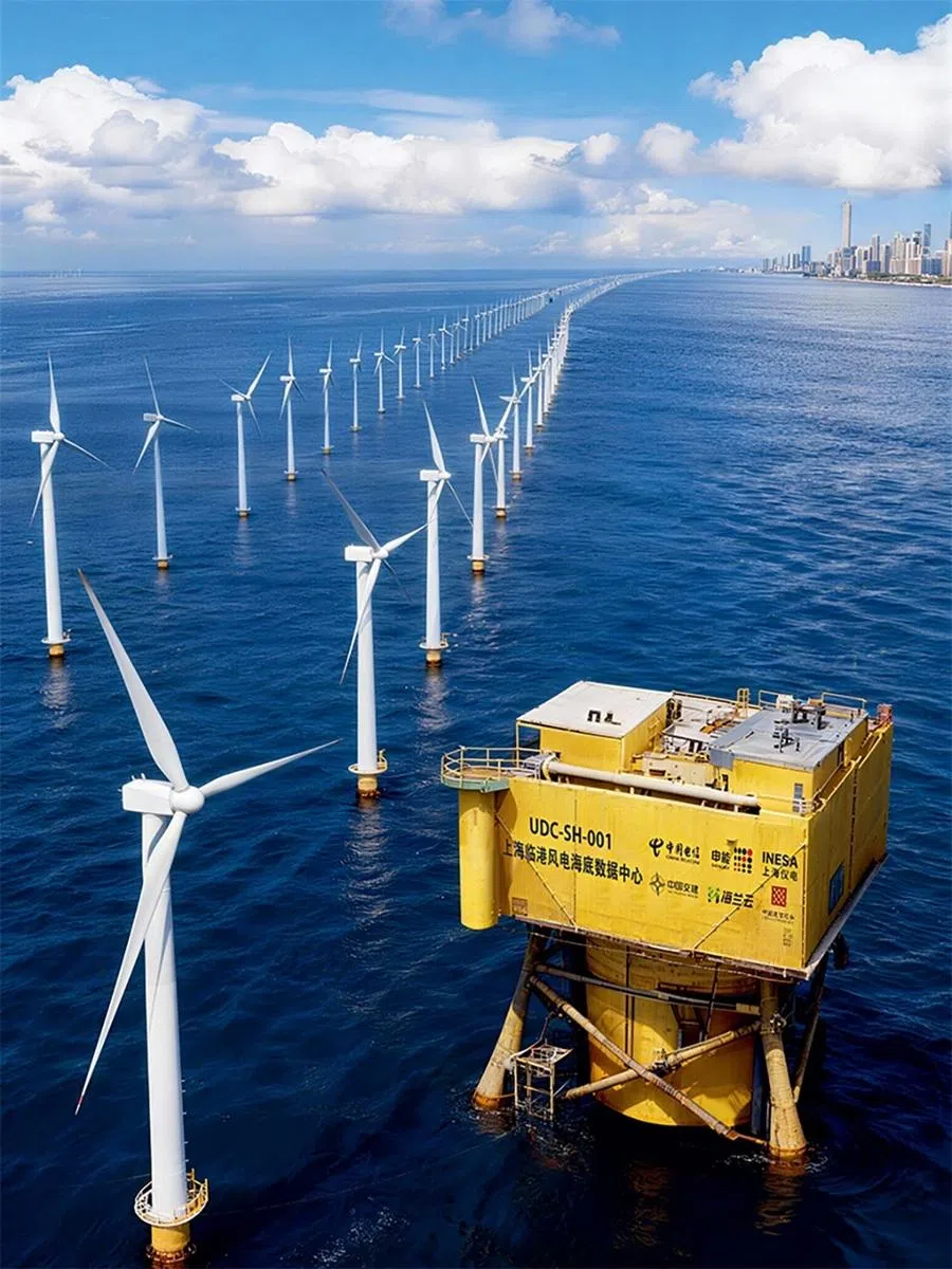HiCloud’s underwater data centre, which draws power from a neighbouring offshore wind farm, off the coast of Shanghai in the East China Sea.