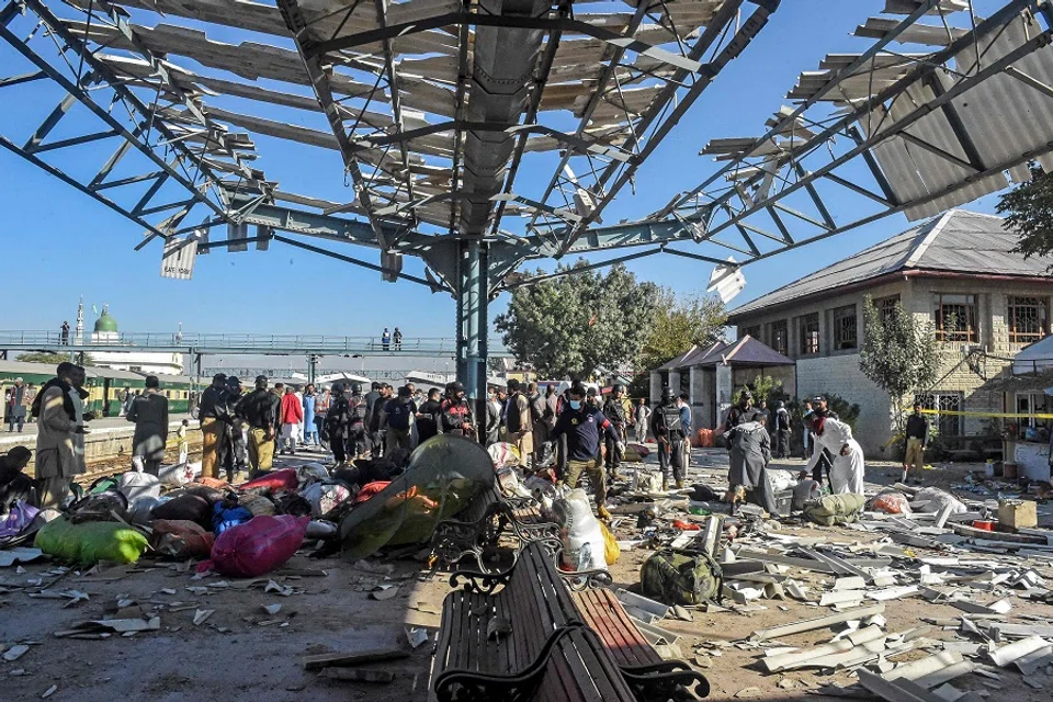 Passengers’ belongings are seen scattered on the platform after an explosion at a railway station in Quetta, in Pakistan’s Balochistan province, on 9 November 2024. (Banaras Khan/AFP)