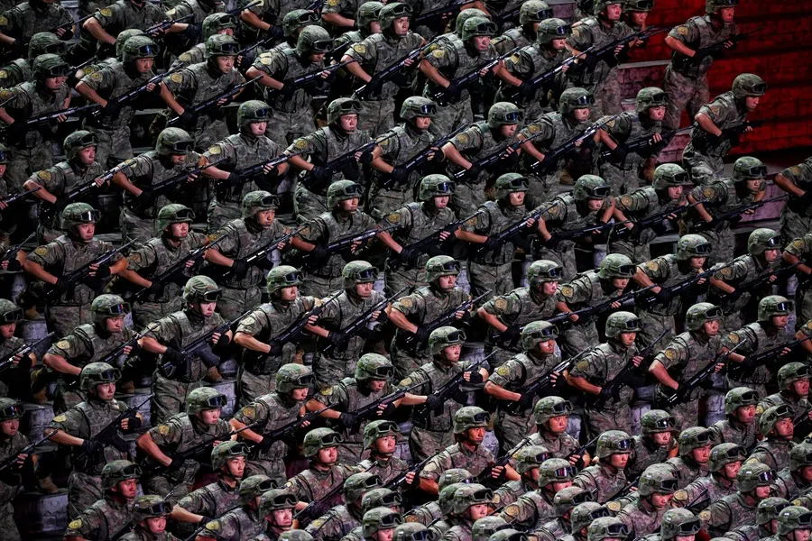 Artists take part in a performance at the Great Hall of the People, following a military parade marking the 80th anniversary of victory over Japan and the end of World War II, in Beijing on 3 September 2025. (Wang Zhao/AFP)