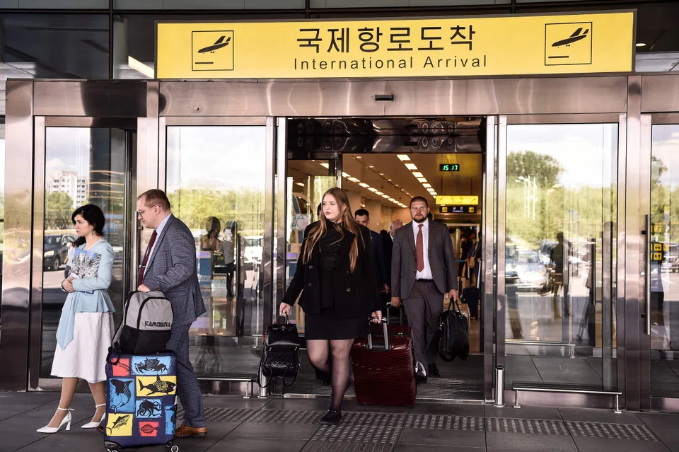 A Russian Youth Friendship delegation arrive at Pyongyang International Airport in Pyongyang on 3 June 2024. (Kim Won Jin/AFP)