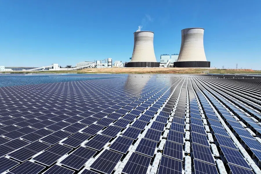 Floating solar panels are pictured in Lingwu city, Yinchuan, northern China's Ningxia Hui Autonomous Region on 13 August 2026.