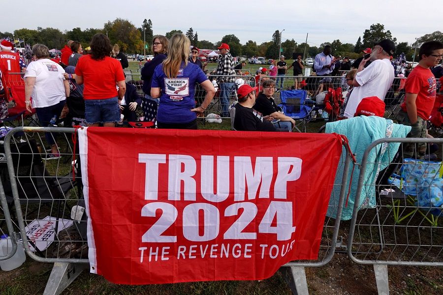 Guests arrive for a rally with former President Donald Trump at the Iowa State Fairgrounds on 9 October 2021 in Des Moines, Iowa, US. (Scott Olson/Getty Images/AFP)