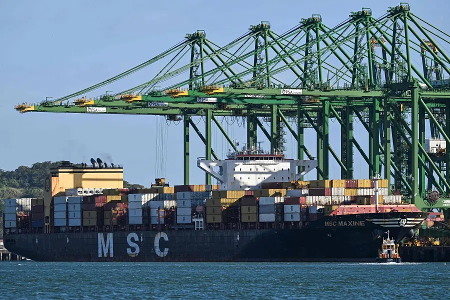 The Portuguese cargo ship MSC Maxine is pictured at the Port of Balboa at the entrance to the Panama Canal in Panama City on 23 April 2025. The Port of Balboa is managed by CK Hutchison Holdings, based in Hong Kong. (Martin Bernetti/AFP)