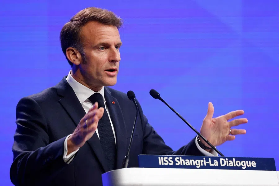 France’s President Emmanuel Macron gives the keynote address at the Shangri-La Dialogue summit in Singapore on 30 May 2025. (Ludovic Marin/AFP)