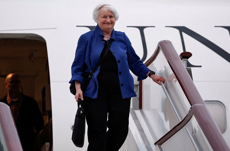 US Treasury Secretary Janet Yellen arrives at Guangzhou Baiyun International Airport, in Guangzhou, Guangdong province, China, on 4 April 2024. (Tingshu Wang/Reuters)
