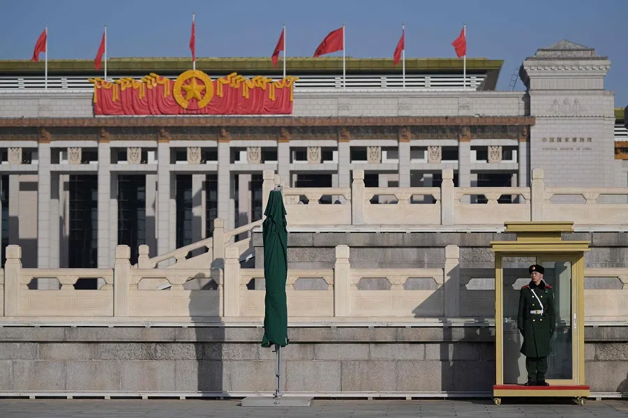 A Chinese paramilitary police officer stands guard at Tiananmen Square in Beijing, China, on 3 March 2024. (Pedro Pardo/AFP)