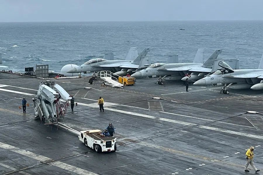 A view of the flight deck of the US Navy aircraft carrier USS Nimitz, somewhere in the South China Sea on 27 January 2023. (SPH Media)