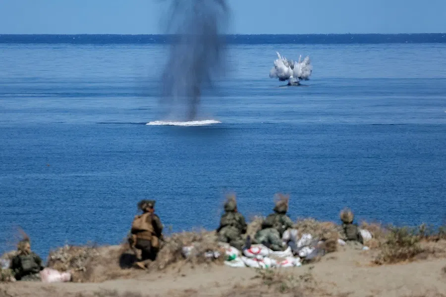 US and Philippine soldiers participate in the live fire exercise during the annual joint military exercises between US and Philippine troops called “Balikatan” or shoulder-to-shoulder, at Laoag, Ilocos Norte, Philippines, on 6 May 2024.  (Eloisa Lopez/Reuters)