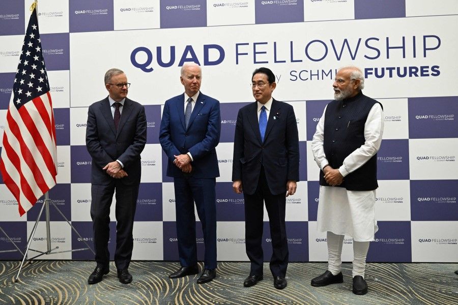 (From left) Australian Prime Minister Anthony Albanese, US President Joe Biden, Japanese Prime Minister Fumio Kishida and Indian Prime Minister Narendra Modi during the Quad Leaders Summit at Kantei in Tokyo on 24 May 2022. (Saul Loeb/AFP)
