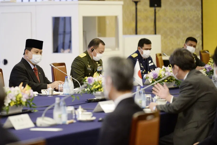 Indonesian Foreign Minister Retno Marsudi and Defence Minister Prabowo Subianto conduct talks with Japanese Foreign Minister Toshimitsu Motegi and Defence Minister Kishi Nobuo during their "2+2" meeting at the foreign ministry's Iikura Guest House in Tokyo, Japan, 30 March 2021. (David Mareuil/Pool via Reuters)