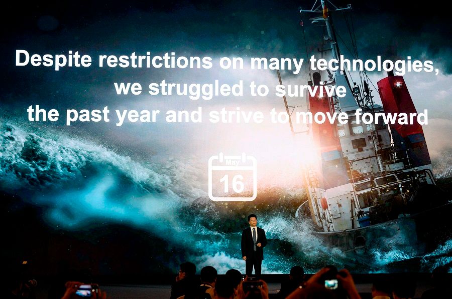 Huawei rotating chairman Guo Ping speaks during the Huawei Global Analyst Summit 2020 at the Huawei headquarters in Shenzhen, Guangdong, China, on 18 May 2020. (Noel Celis/AFP)