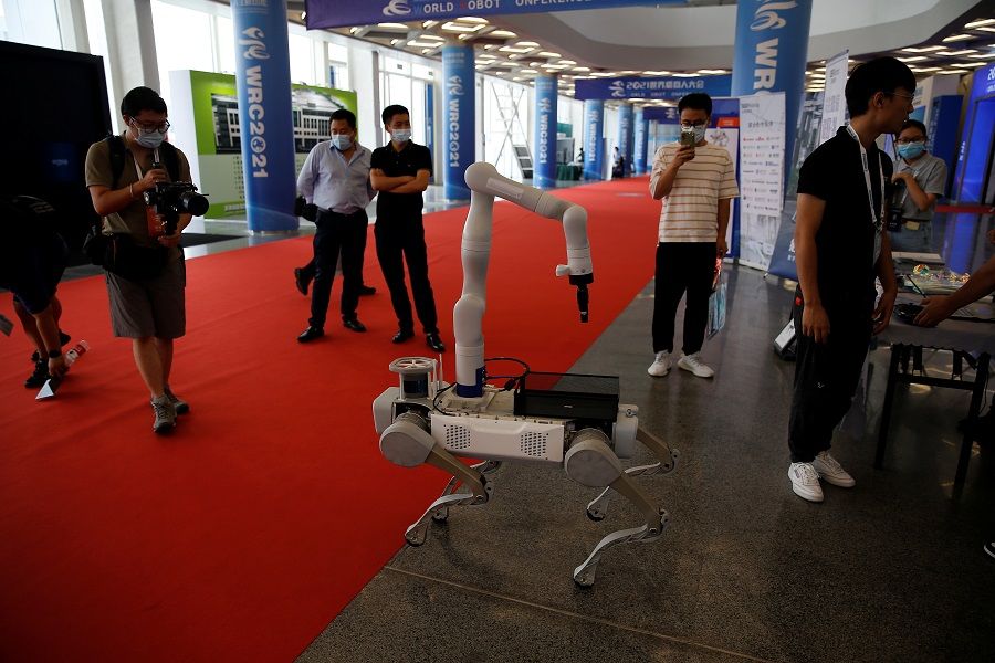 A quadruped robot Jueying X20 developed by DEEPRobotics is displayed at the Beijing World Robot Conference 2021 in Beijing, China, 10 September 2021. (Tingshu Wang/Reuters)
