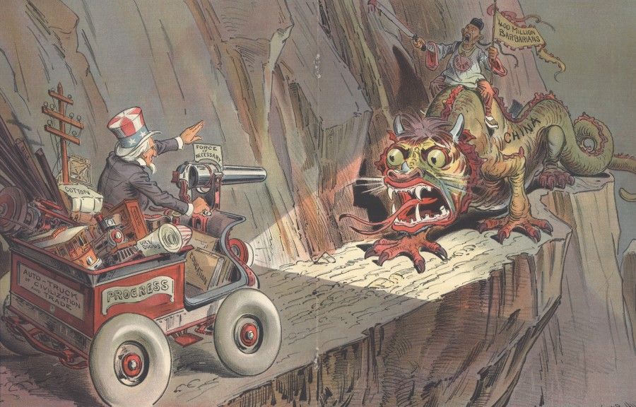 An illustration in Puck magazine describing China-US relations, 1880s. The US is depicted as Uncle Sam in an armoured vehicle loaded with equipment, facing a Chinese riding a dragon, with neither giving way.
