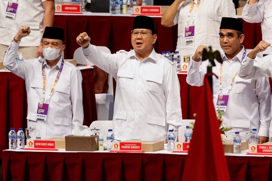 Indonesia's Defence Minister Prabowo Subianto, who was the former general of the Indonesian Army Special Forces, gestures while attending Gerindra Party leaders' national meeting, in Bogor, Indonesia, 12 August 2022. (Willy Kurniawan/Reuters)