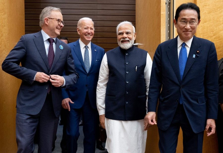 (From left) Australian Prime Minister Anthony Albanese, US President Joe Biden, Indian Prime Minister Narendra Modi and Japanese Prime Minister Kishida Fumio arrive for their meeting during the Quad Leaders Summit at Kantei in Tokyo on 24 May 2022. (Saul Loeb/AFP)