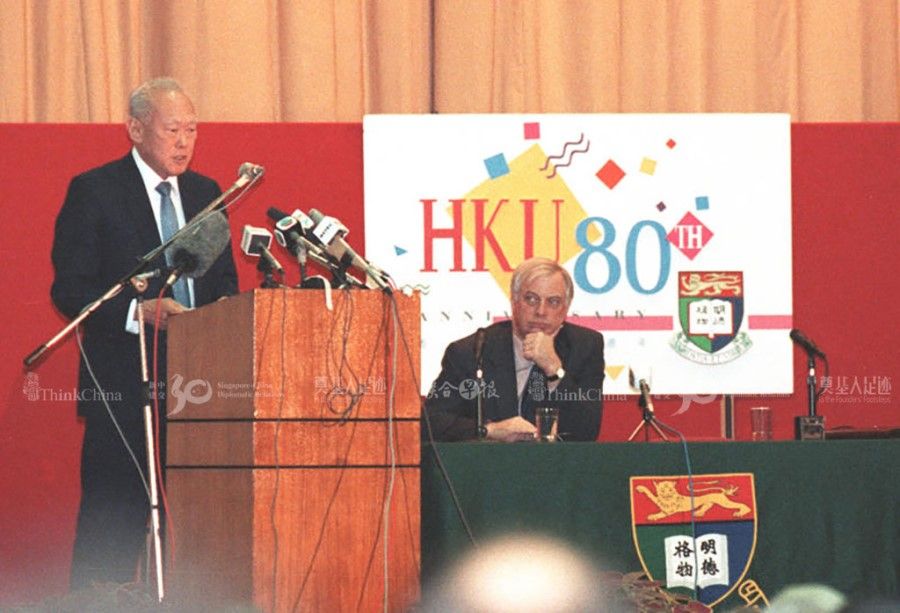 In December 1992, Lee Kuan Yew was invited to deliver the inaugural Li Ka Shing Distinguished Lecture at the University of Hong Kong at a session chaired by Hong Kong Governor Chris Patten. (SPH)