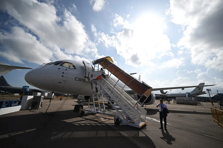 The China Eastern COMAC C919 on display on the first day of the Singapore Airshow at Changi Exhibition Centre in Singapore on 20 February 2024. (SPH Media)