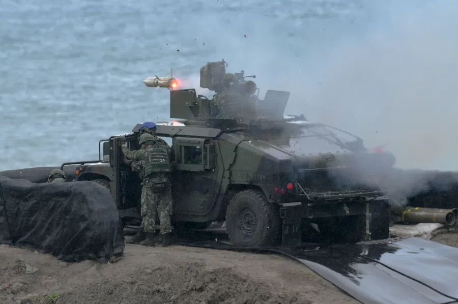 A US-made TOW-2A wire-guided anti-tank missile is launched by Taiwanese soldiers from a M1167 TOW carrier vehicle during a live fire exercise at the Fanshan training grounds in Pingtung county, Taiwan, on 26 August 2024. (Sam Yeh/AFP)