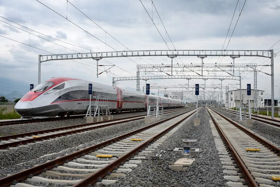 The Jakarta-Bandung high-speed train is parked at the Tegalluar station depot in Bandung, West Java, on 17 January 2024. (Timur Matahari/AFP)
