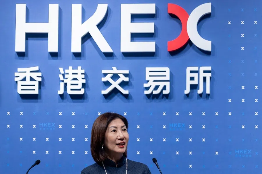 Bonnie Chan, CEO of HKEX, speaks to members of the media during the listing ceremony of CATL at the Hong Kong Stock Exchange in Hong Kong, China, 20 May 2025. (Paul Yeung/Bloomberg)
