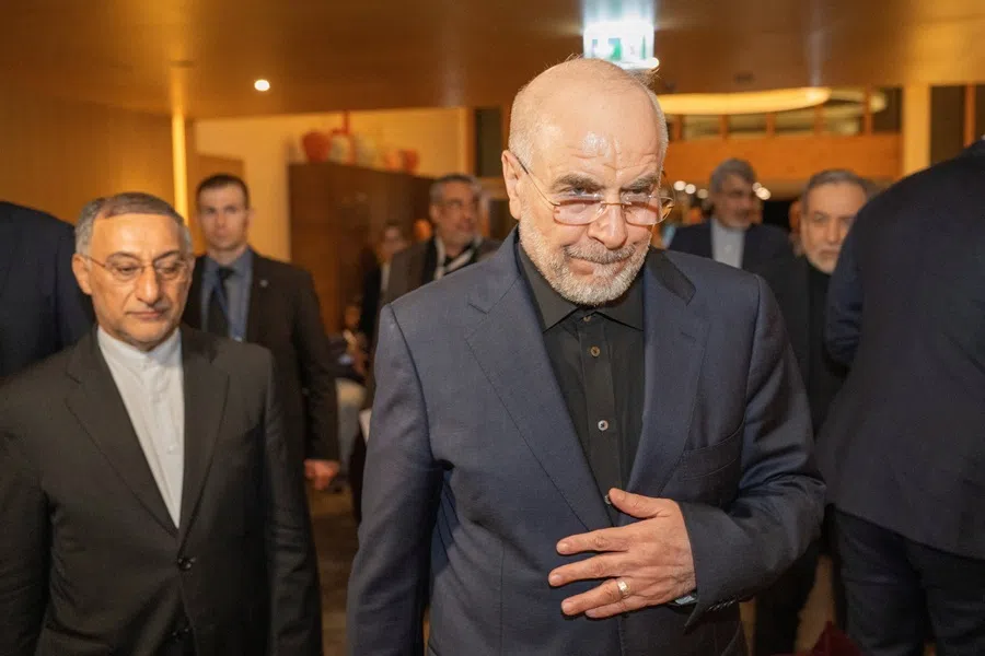 Speaker of the Islamic Parliament of Iran Mohammed Bagher Ghalibaf (centre) at the Buergenstock resort in Obbuergen, near Lucerne, Switzerland, on 20 June 2026.